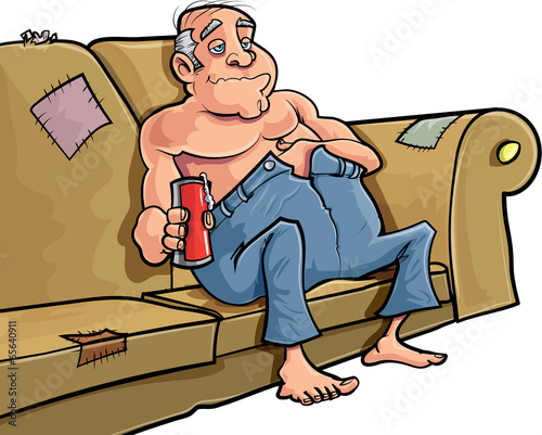 Cartoon man sitting on a couch with a beer