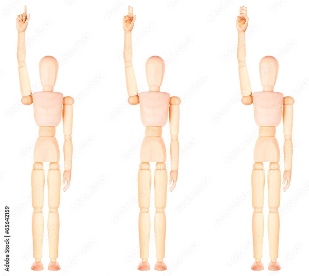 wooden Dummy raising with one fingers up wooden Dummy raising with one fingers up