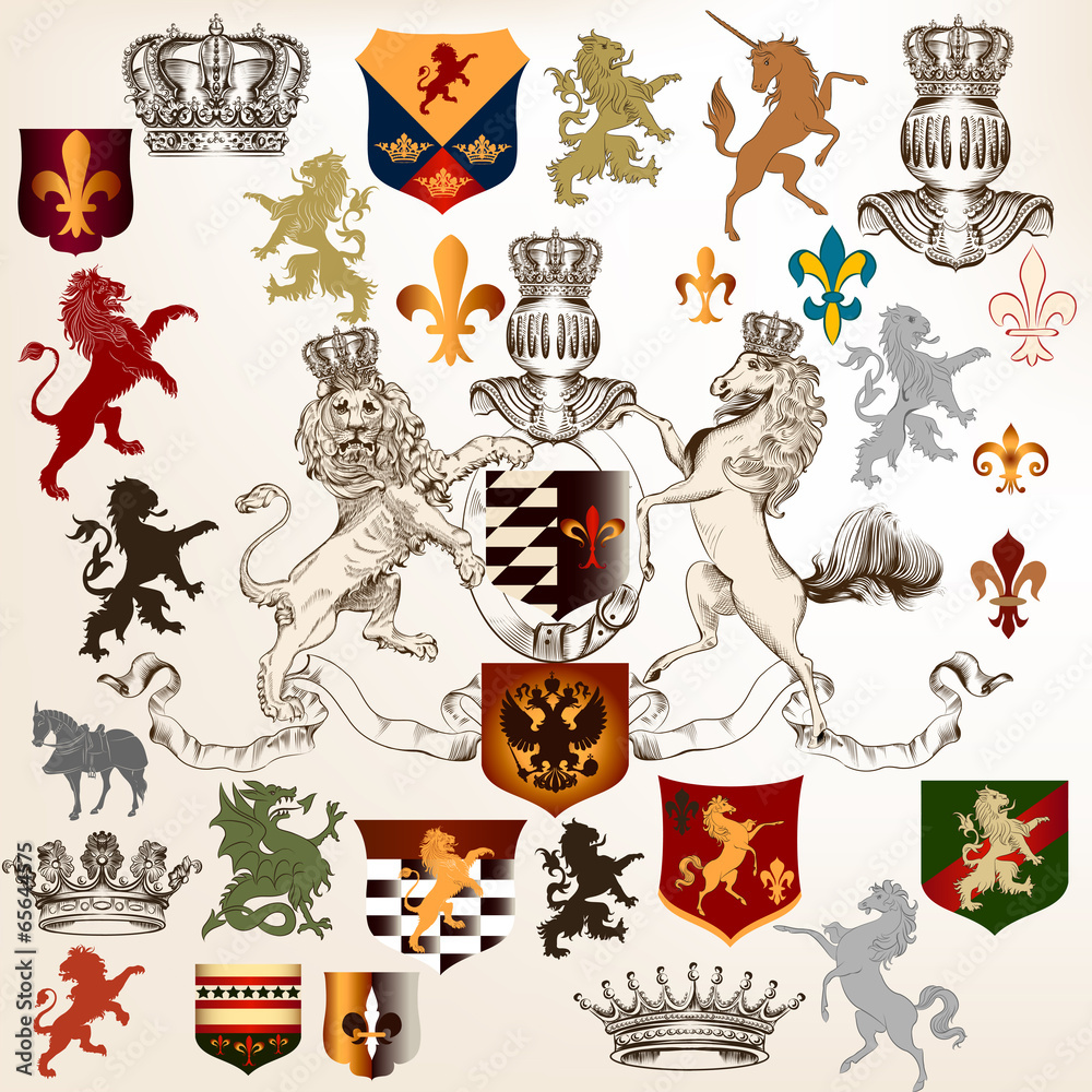 Collection of heraldic decorative elements fleur de lis, shields