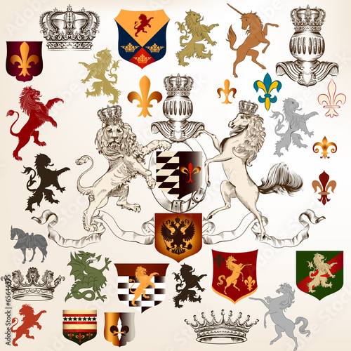 Collection of heraldic decorative elements fleur de lis, shields