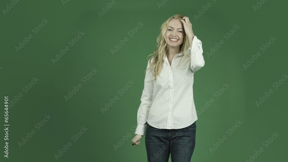 caucasian woman isolated on chroma green screen background caucasian woman isolated on chroma green screen background