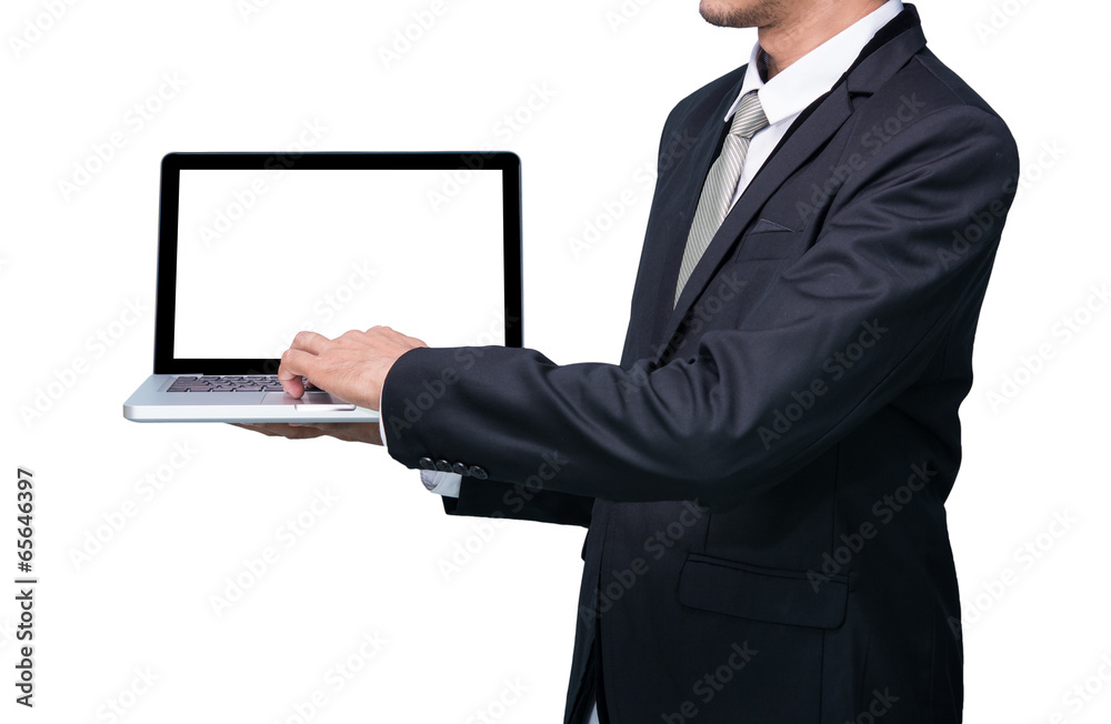 Businessman standing posture hand hold notebook laptop isolated Businessman standing posture hand hold notebook laptop isolated