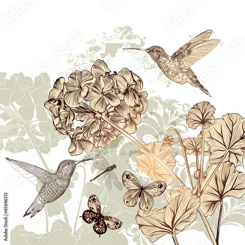 Floral background with flowers, birds and butterflies