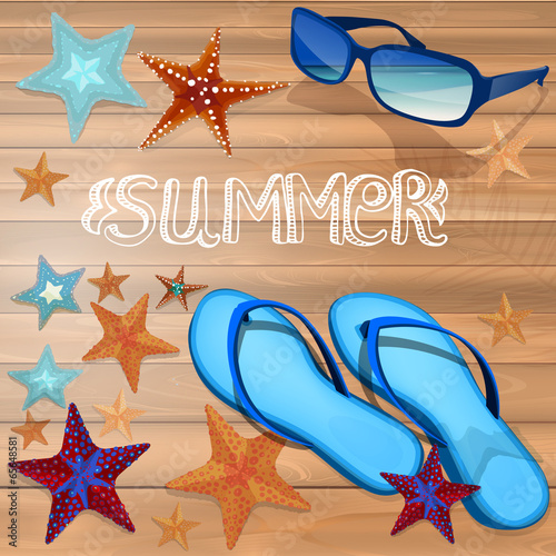 summer background with blue sunglasses.