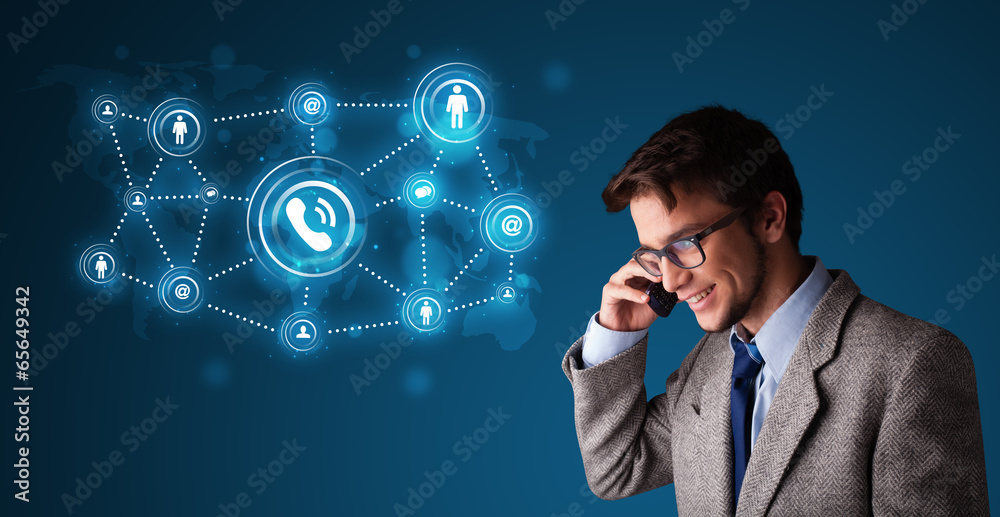 Young boy making phone call with social network icons Young boy making phone call with social network icons