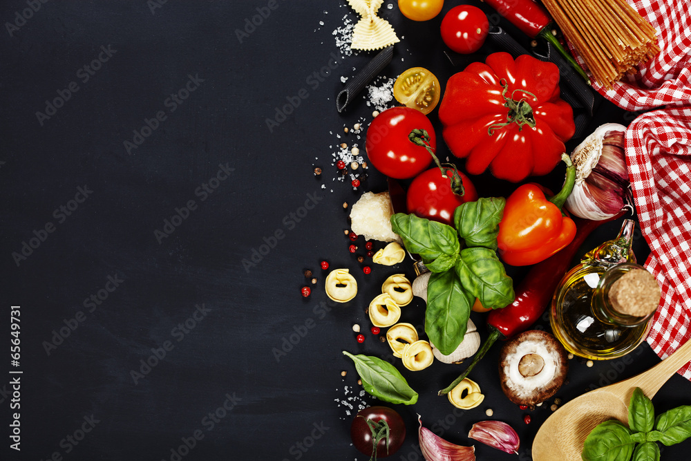 Italian ingredients - pasta, vegetables, spices, cheese