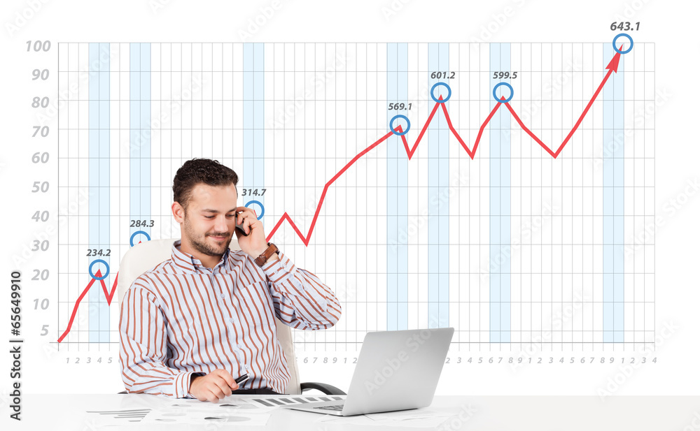 Businessman calculating stock market with rising graph in the ba Businessman calculating stock market with rising graph in the ba