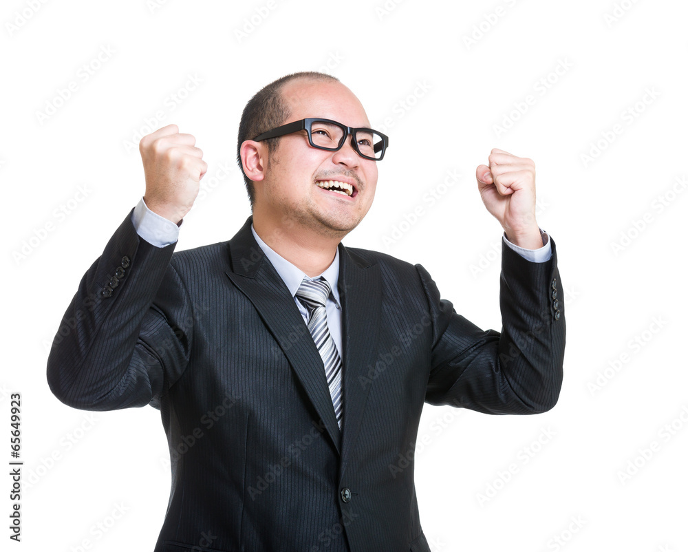 Successful manager raised two hand up Successful manager raised two hand up
