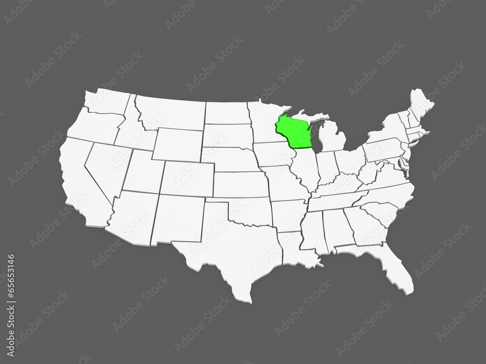 Three-dimensional map of Wisconsin. USA.