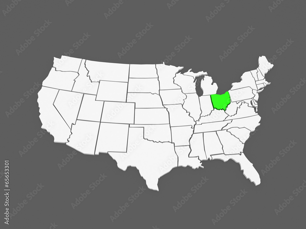 Three-dimensional map of Ohio. USA.
