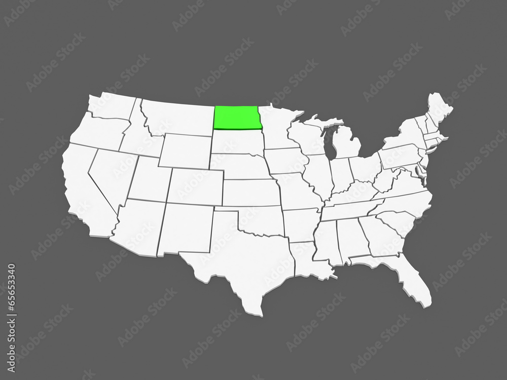 Three-dimensional map of North Dakota. USA.