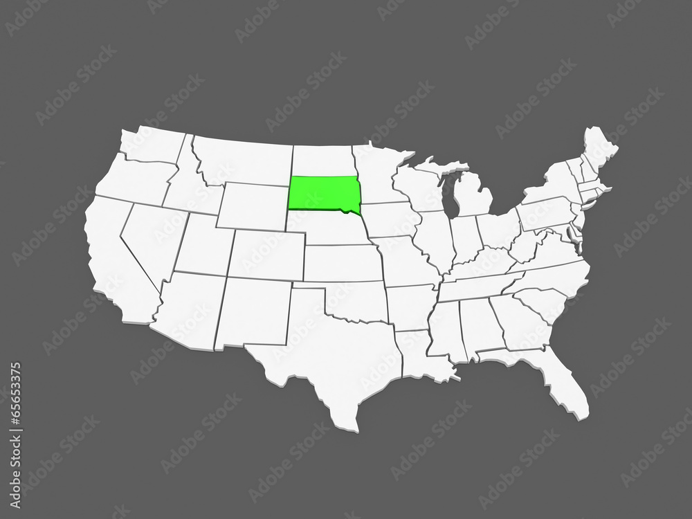 Three-dimensional map of South Dakota. USA.