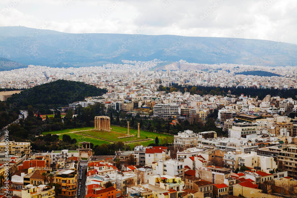 Temple of Olympian Zeus aerial view in Athens