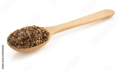 dried dill seeds in spoon on white