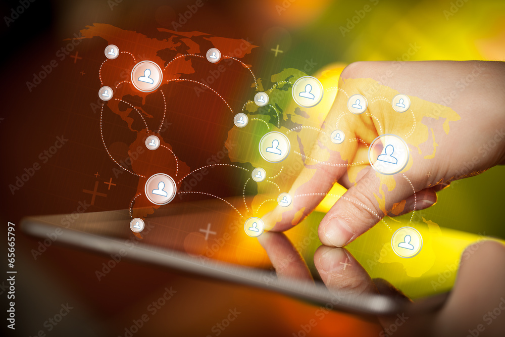 Hand touching tablet pc, social network concept Hand touching tablet pc, social network concept