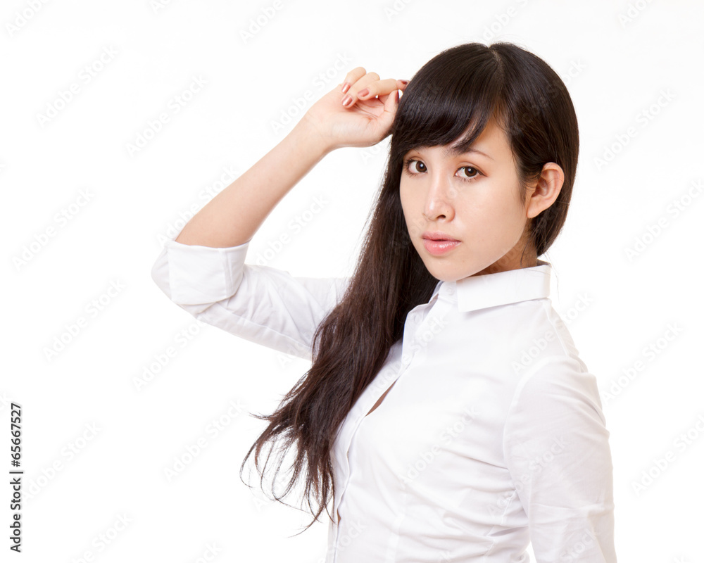 Asian woman with hand touching head Asian woman with hand touching head