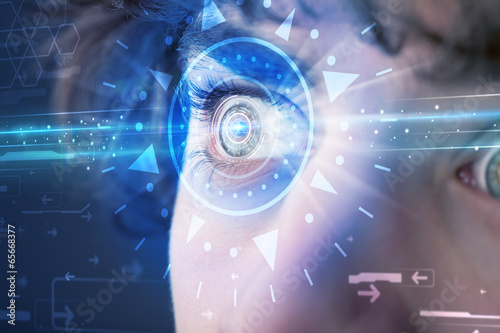 Cyber man with technolgy eye looking into blue iris
