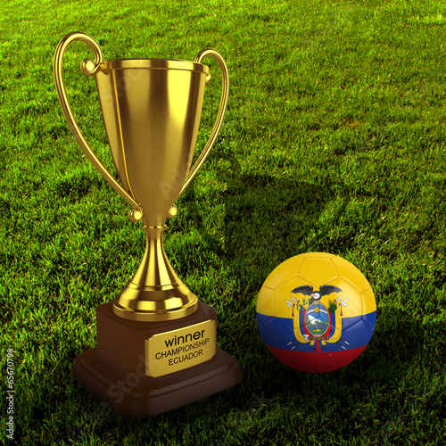 3d Ecuador Soccer Cup and Ball with Grass Background - isolated photo