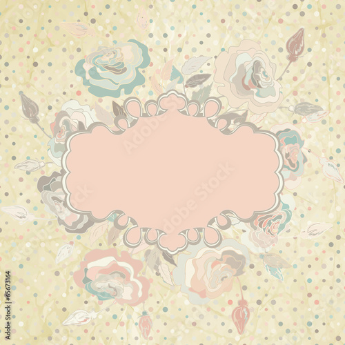 Pink roses frame on beidge polka dot. EPS 8