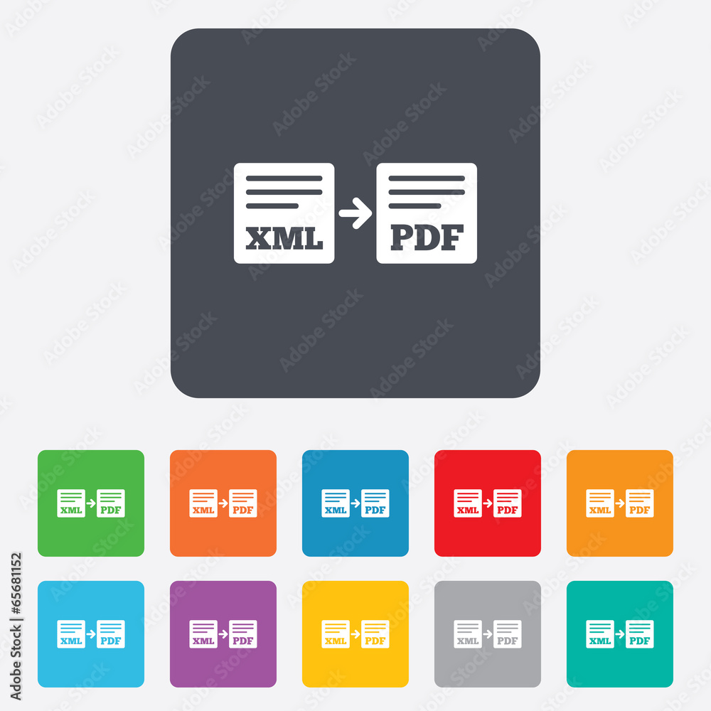 Export XML to PDF icon. File document symbol. Export XML to PDF icon. File document symbol.
