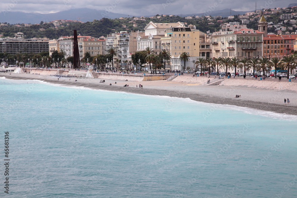 Panorama of Promenade des Anglais in Nice in cloudy weather