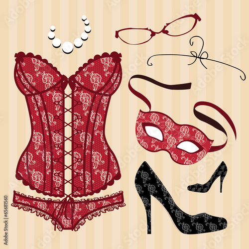 Carnival Mask, Corset, Necklace, Shoes, Glasses