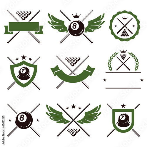 Billiards and snooker labels and icons set. Vector