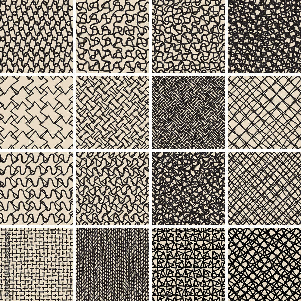 Basic Doodle Seamless Pattern Set No.8 in black and white