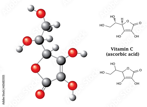 Model and  chemical formulas of ascorbic acid (vitamin C, E300)