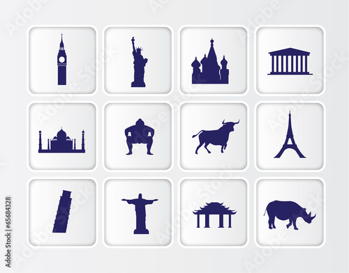 flat blue button icons on a white background of famous world lan