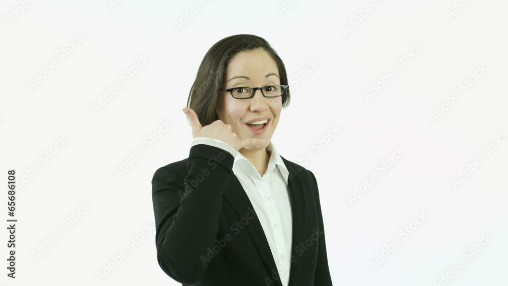caucasian business woman isolated on white with call me hand caucasian business woman isolated on white with call me hand