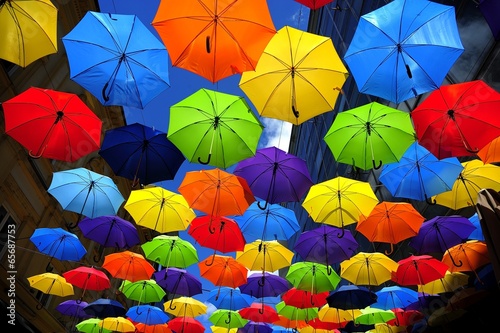 Street decorated with colored umbrellas