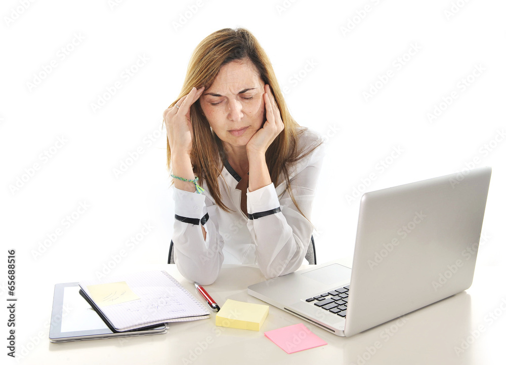 business woman suffering headache in stress at work business woman suffering headache in stress at work