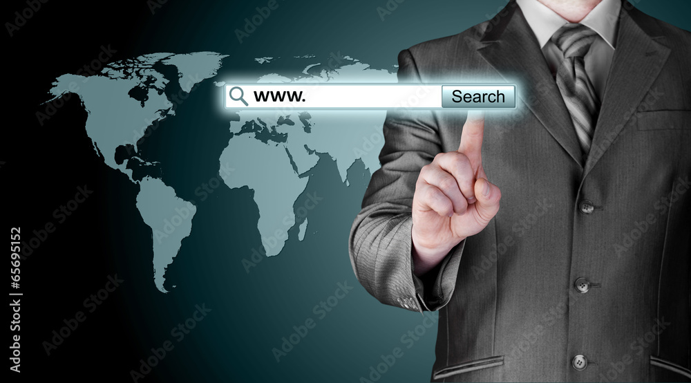 Businessman pushing virtual search bar Businessman pushing virtual search bar