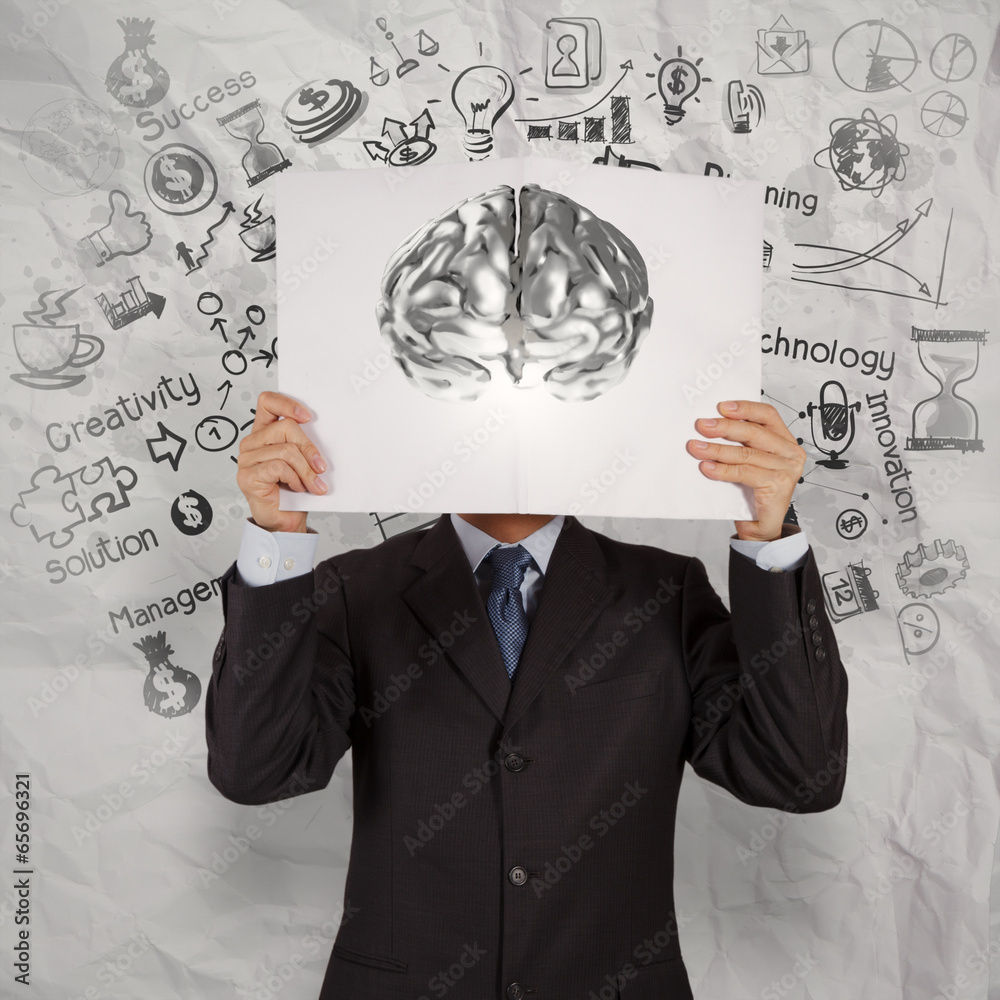 businessman hand show book of 3d metal brain as concept