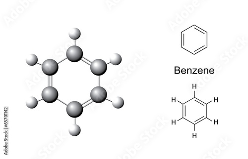 Structural formulas and chemical model of benzene molecule photo
