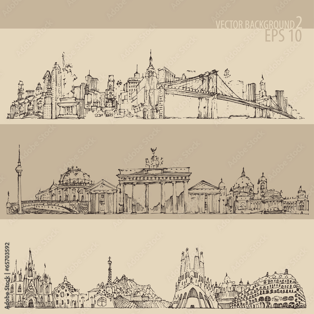 city set (New york, Berlin, Barcelona) engraved illustration