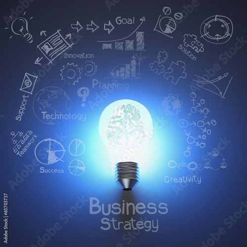 3d metal brain inside light bulb and drawing business strategy a