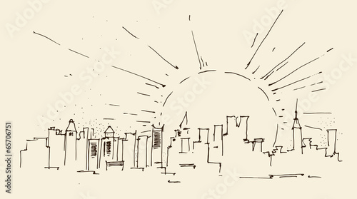sunrise in New York city architecture, engraved illustration