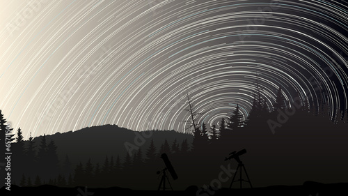 Illustration of stars trace circles on the sky over the forest.