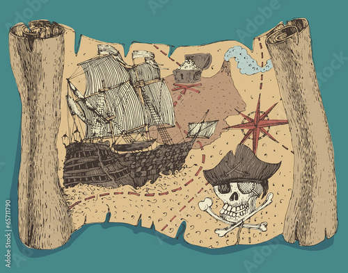 Island Treasure Map (pirate map), engraved, vector illustration
