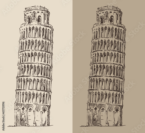 Leaning Tower of Pisa vintage illustration, engraved style