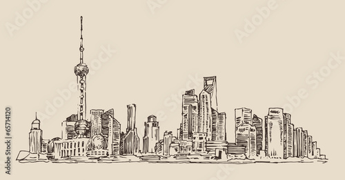 China, city architecture, vintage illustration, engraved style