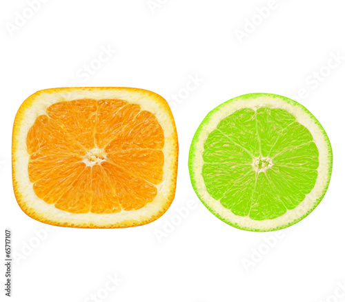 Sliced square and circle orange, isolate.
