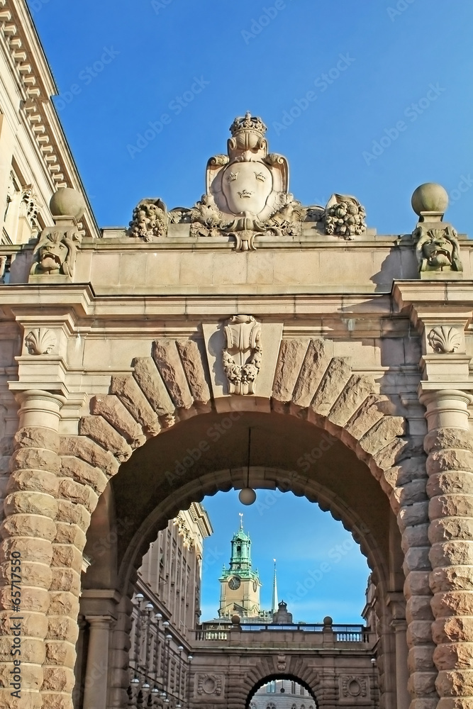 Arch of parliament and Drottninggatan street in Stockholm