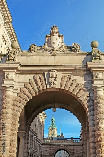 Arch of parliament and Drottninggatan street in Stockholm