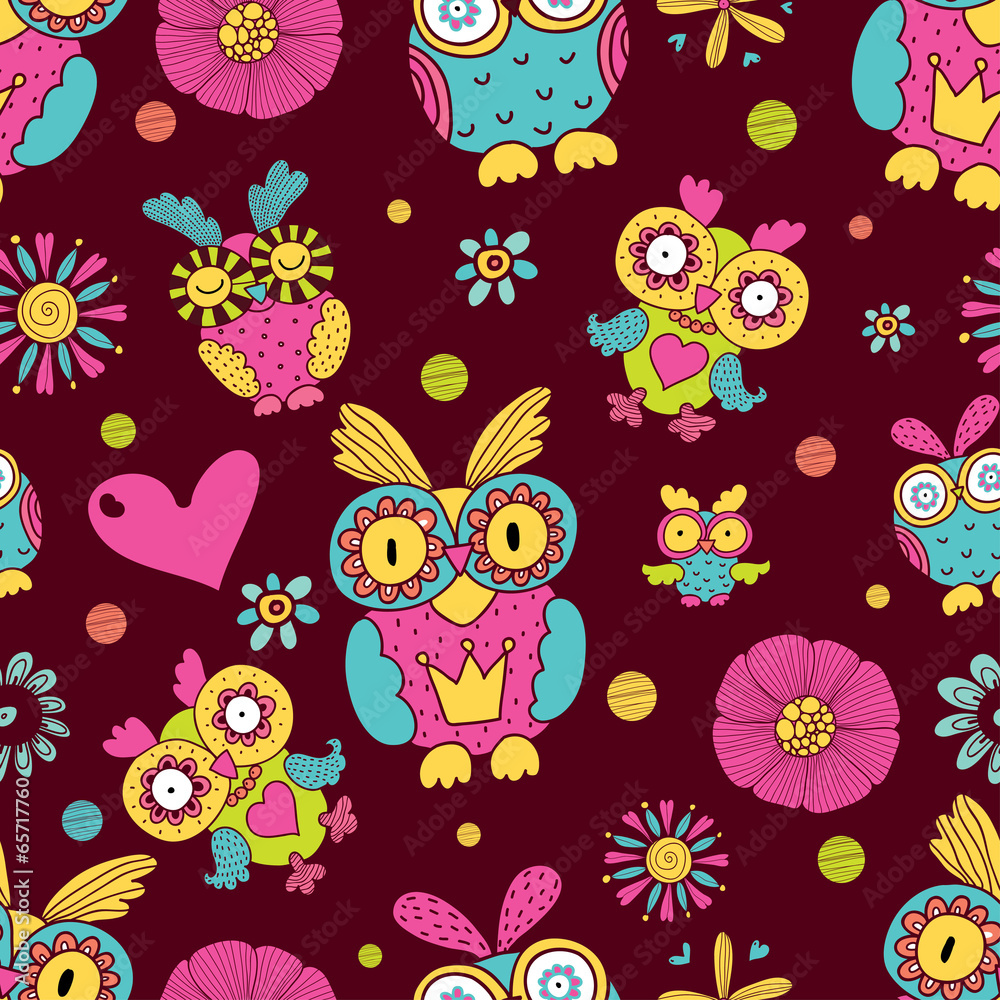 Owls & flowers. Seamless pattern. Owls & flowers. Seamless pattern.