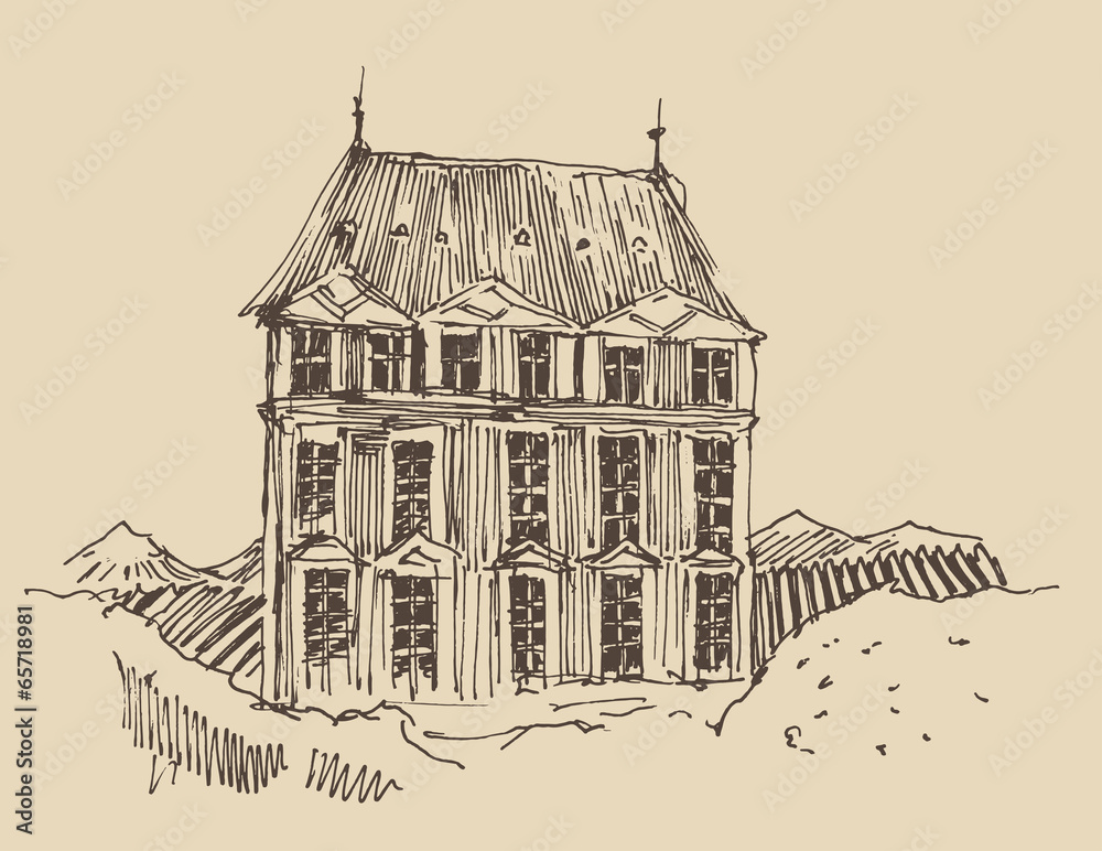 old house, village, architecture, engraved illustration