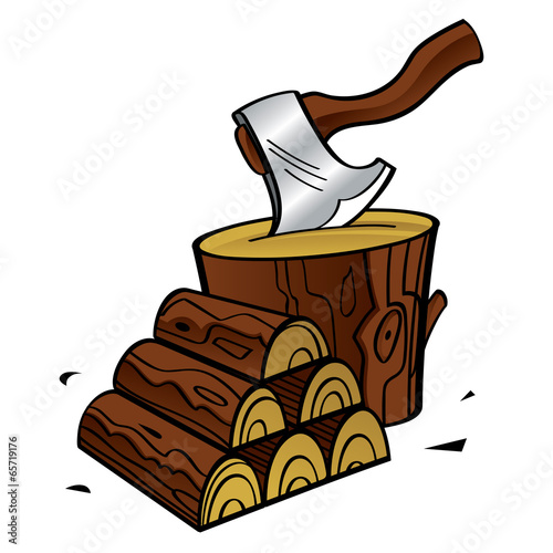 Firewood - stacked wooden blocks and axe
