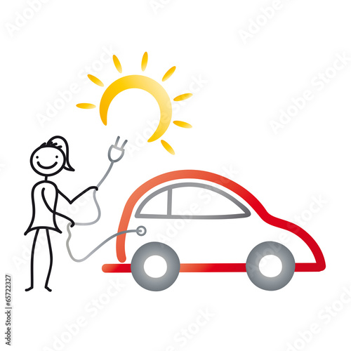Nachhaltigkeit - Elektroauto fährt mit Solarstrom, grüne Energie nutzen und klimaneutral leben, erneuerbare Energien nutzen, Vektor isoliert